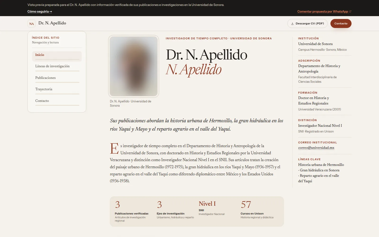 Portada de una página académica: retrato, nombre, adscripción, resumen de líneas de investigación e indicadores de publicaciones verificadas.