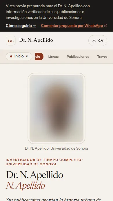 La misma página académica vista en un teléfono: menú compacto, retrato y nombre arriba, resumen debajo.